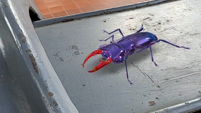 Ein CGI-erstellter Hirschkäfer mit blau-glänzendem Körper und roten Scheren auf einem metallenen Untergrund.